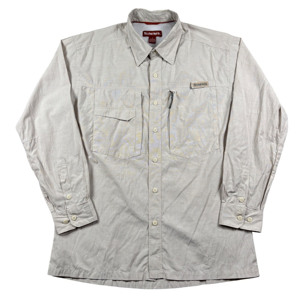 Simms Fishing Shirt Mens L Tan Long Sleeve Vented Button Up Cotton Blend
